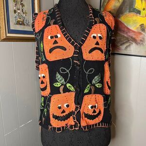 Thrashed Halloween Knit Vest Funky Pumpkins Fun Faces Unique Medium